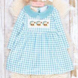 Marie Nicole Christmas Cow Embroidered Gingham Dress
